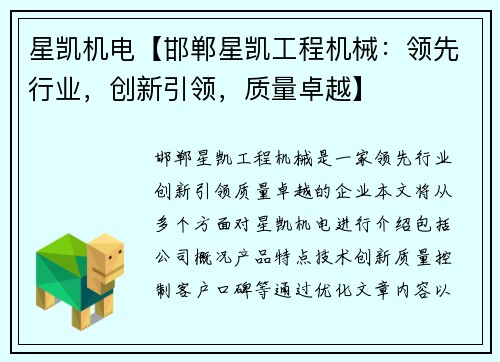 星凯机电【邯郸星凯工程机械：领先行业，创新引领，质量卓越】